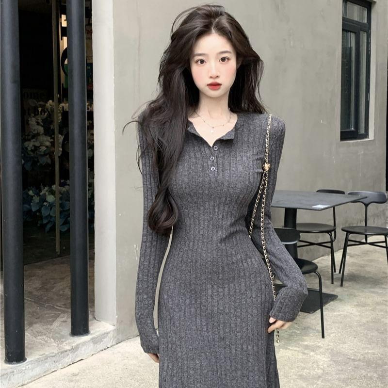Long Sleeve Henley Ribbed Maxi A-Line Dress Product Image