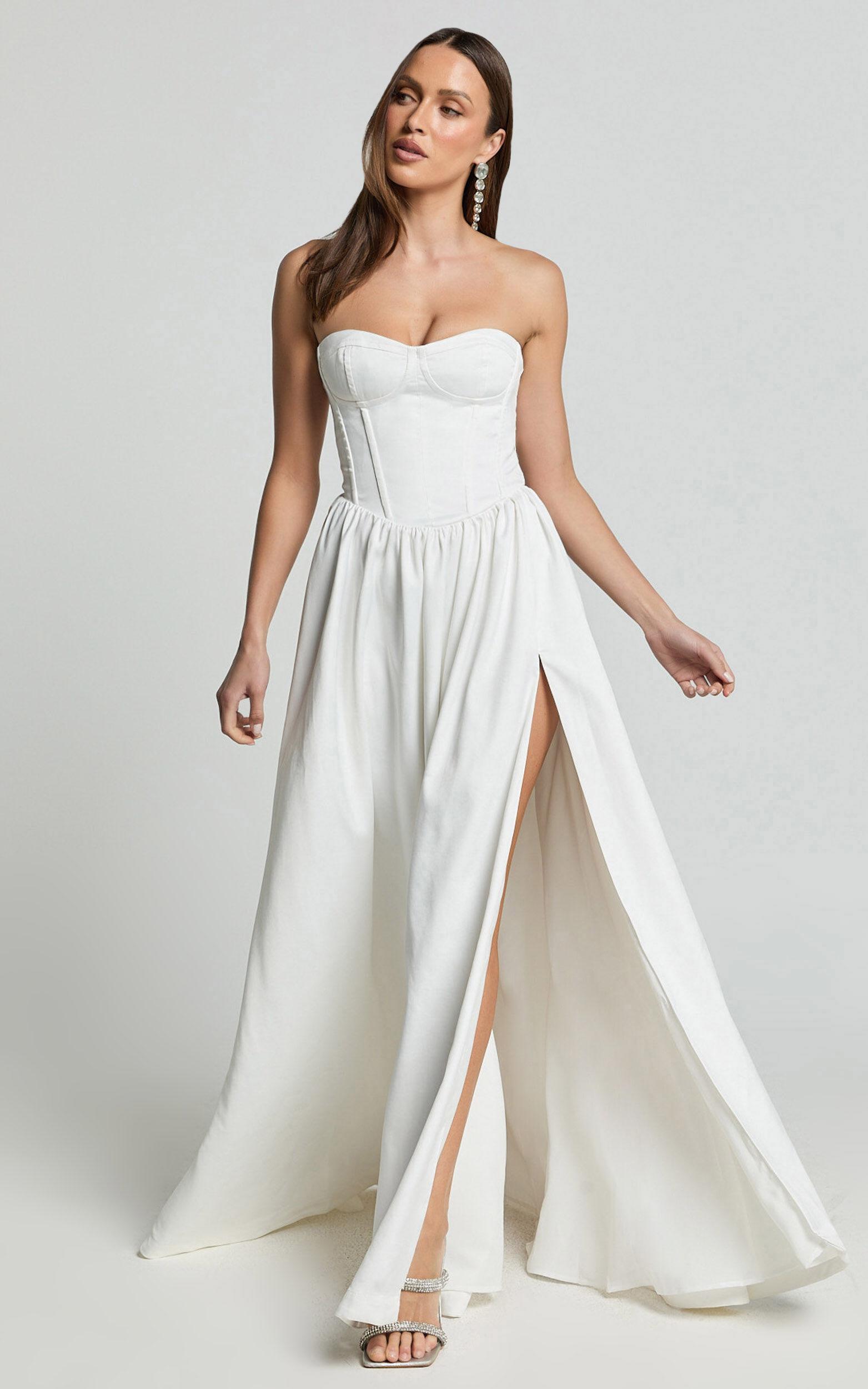 Vivian Maxi Dress - Strapless Corset Front Split Dress in Ivory Product Image