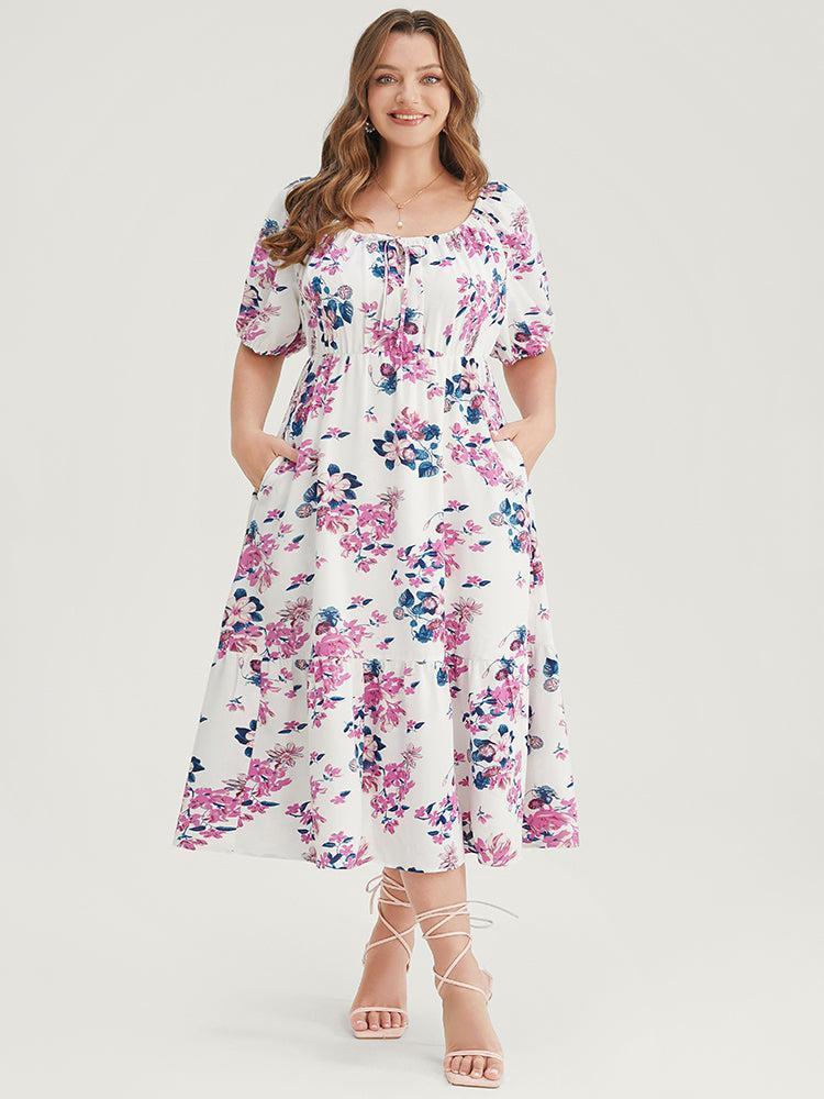 Floral Puff Sleeve Pocket Knot Front Scoop Neck Flutter Dress Female Product Image