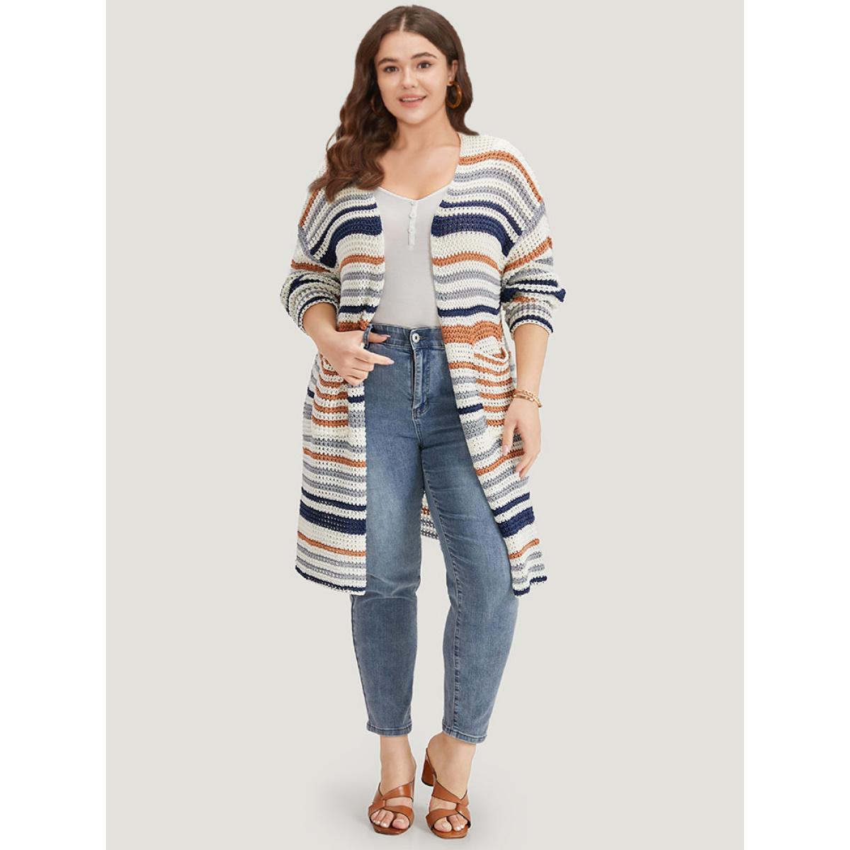 Plus Size Contrast Striped Patched Pocket Split Side Cardigan Multicolor Women Casual Loose Long Sleeve Dailywear Cardigans BloomChic 30/6X Product Image
