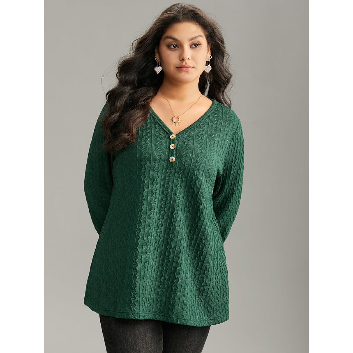 Plus Size Textured Plain Button Up V Neck Sweatshirt Women Green Casual Texture V-neck Dailywear Sweatshirts BloomChic 26/4X Product Image
