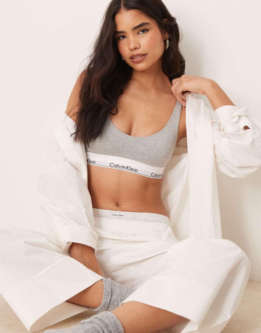 Calvin Klein modern cotton lightly lined scoop logo tape bralet in gray Product Image