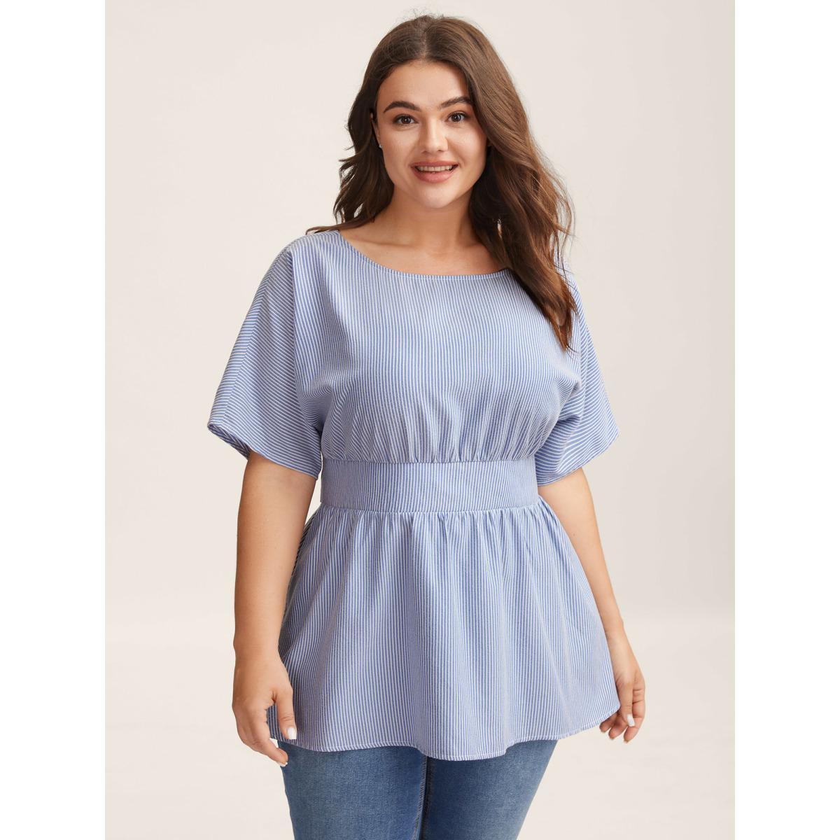 Plus Size LightBlue Backless Bow Tie Stripe Print Cinched Blouse Women Half Sleeve Boat Neck Everyday-Casual Blouses BloomChic 12/L Product Image
