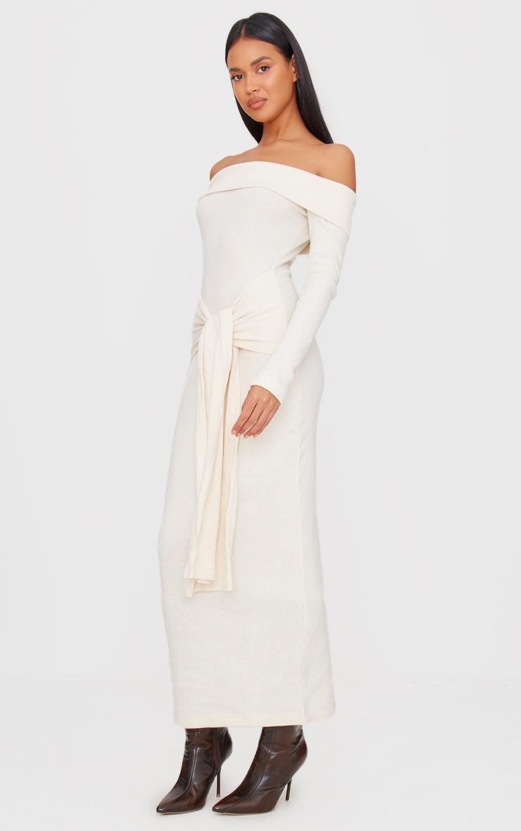 Cream Heavy Brushed Rib Bardot Wrap Detail Maxi Dress Product Image