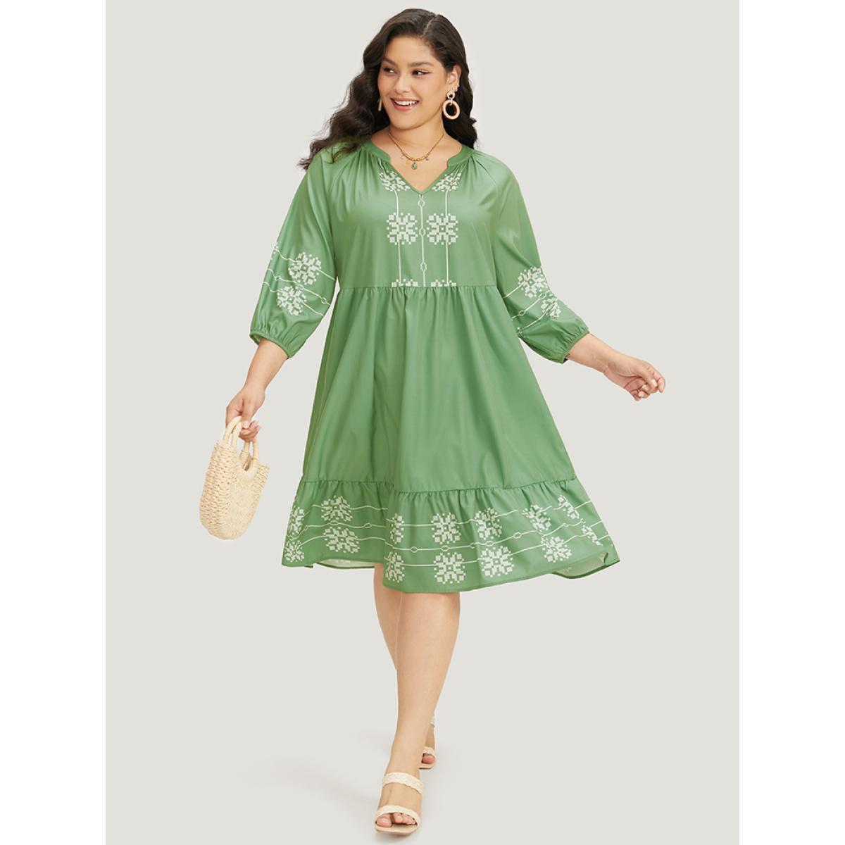 Plus Size Bandana Print Notched Layered Hem Elastic Cuffs Dress Mint Women Vacation Elastic cuffs Notched collar Elbow-length sleeve Curvy Midi Dress BloomChic 30/6X Product Image