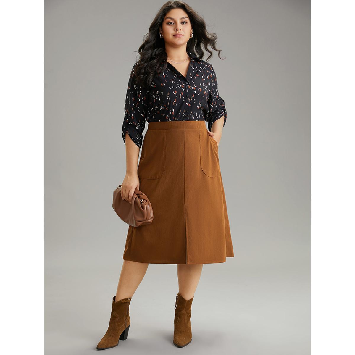 Plus Size Plain Texture Elastic Waist Pocket Split Front Skirt Women Tan Office Texture No stretch Pocket Work Skirts BloomChic 14-16/1X Product Image