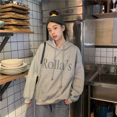 Long Sleeve Lettering Print Hooded Loose-Fit Sweatshirt Product Image