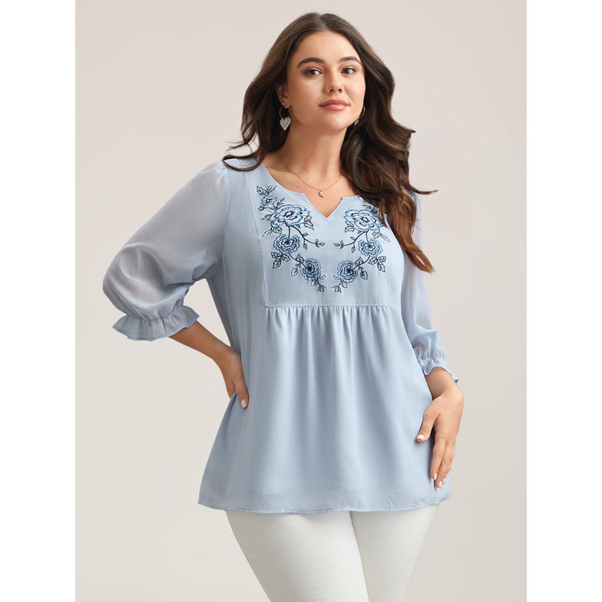 Plus Size LightBlue Chiffon Embroidery Puff Sleeve Pleated Shirt Women Elegant Elbow-length sleeve Notched collar Everyday Blouses BloomChic 26/4X Product Image