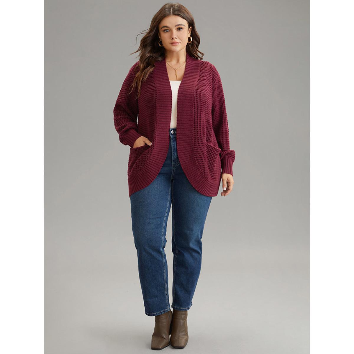 Plus Size Plisse Patched Pocket Curved Hem Open Front Cardigan Burgundy Women Casual Loose Long Sleeve Everyday Cardigans BloomChic 14-16/1X Product Image
