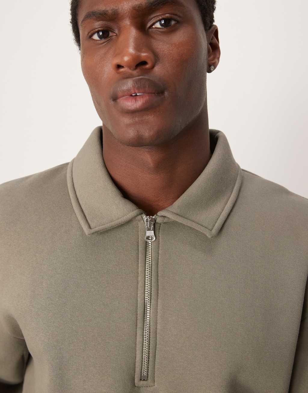 ASOS DESIGN boxy zip collar sweatshirt in khaki Product Image