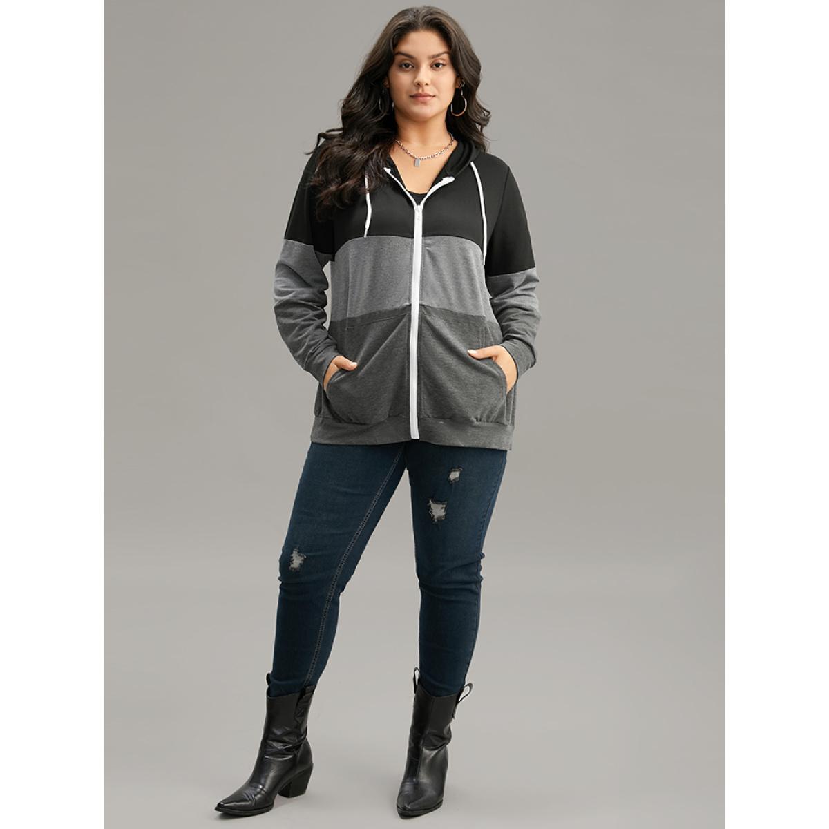 Plus Size Colorblock Contrast Drawstring Zipper Hooded Sweatshirt Women Multicolor Casual Contrast Hooded Everyday Sweatshirts BloomChic 22-24/3X Product Image