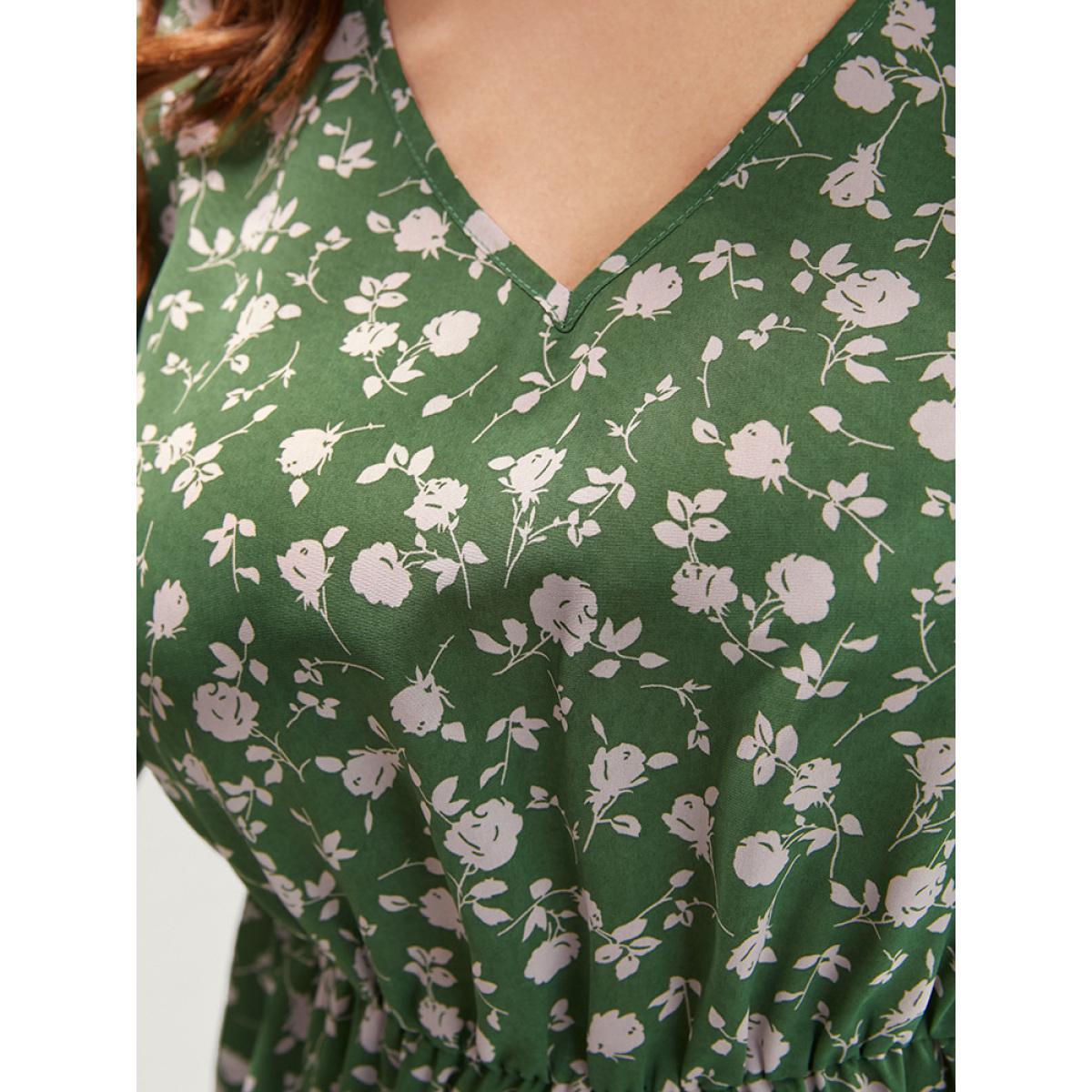 Plus Size Green Ditsy Floral V Neck Lantern Sleeve Blouse Women Elegant Long Sleeve V-neck Dailywear Blouses BloomChic 18-20/2X Product Image