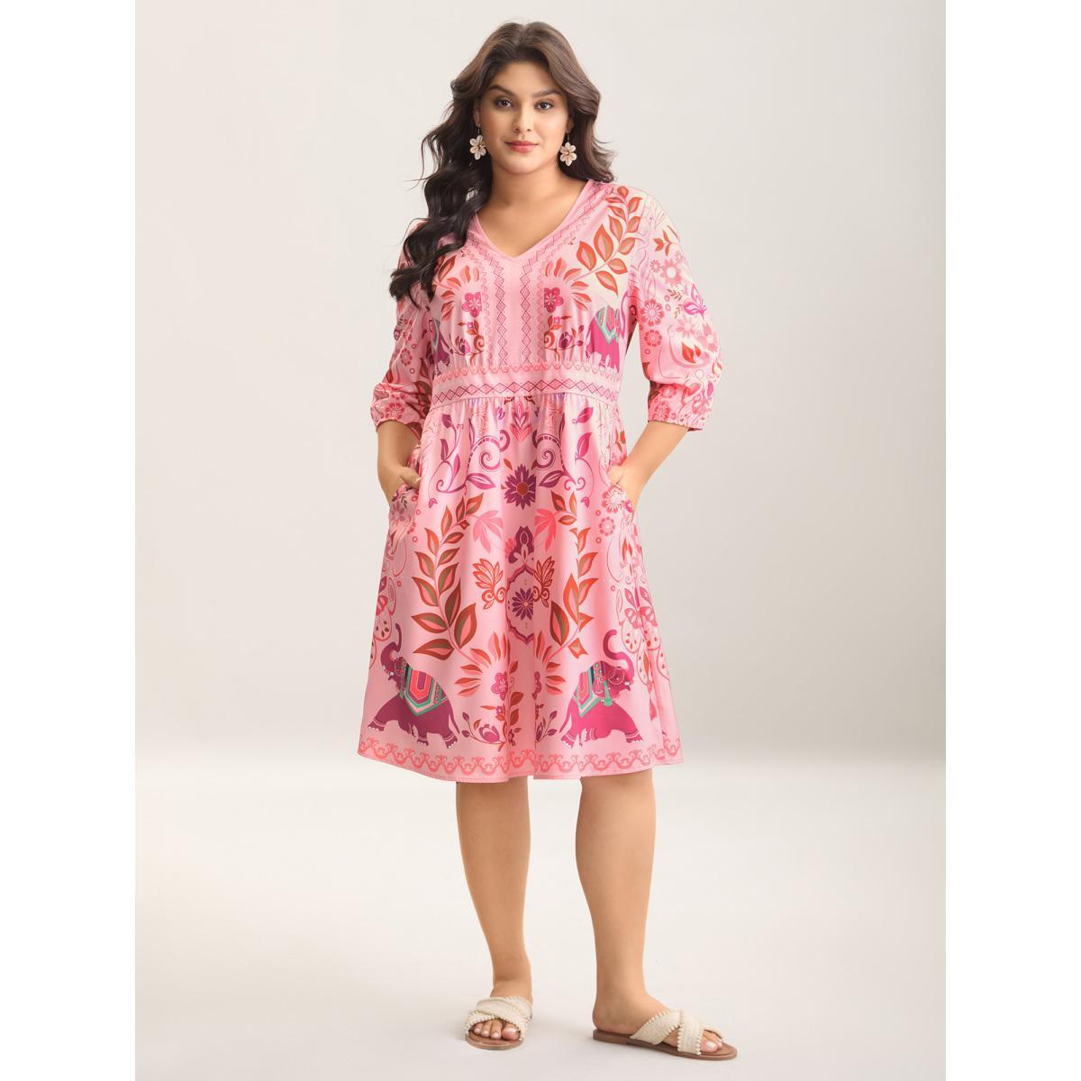 Plus Size Boho Print V-Neck Pockets Midi Dress Blush Women Resort Non V-neck Elbow-length sleeve Curvy BloomChic 30/6X Product Image