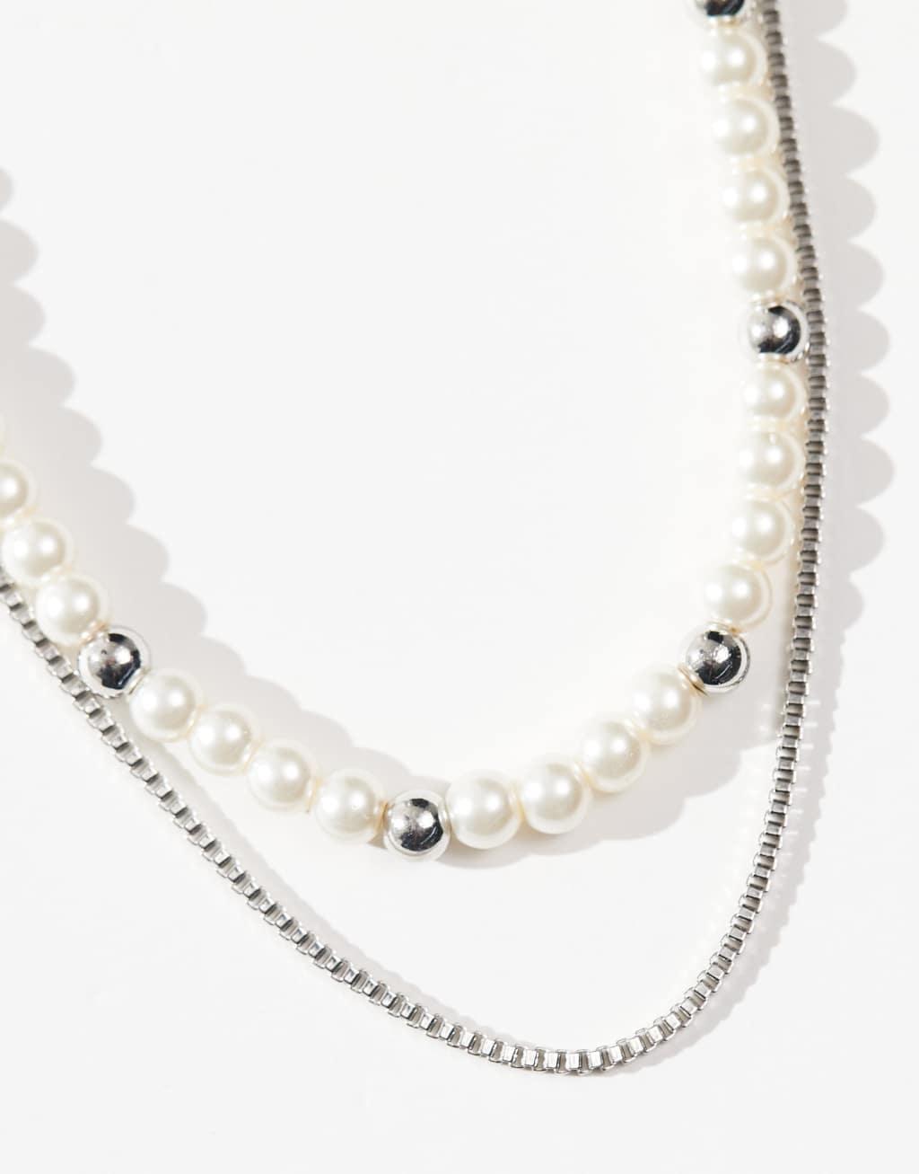 ASOS DESIGN 2-pack faux pearl necklaces with chain in silver tone Product Image