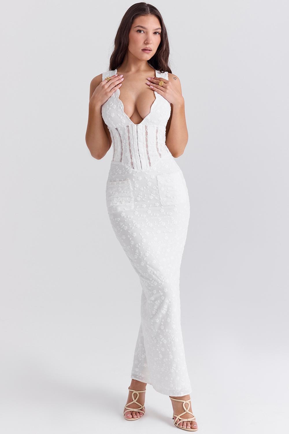 Sophina  white cotton broderie anglais plunge maxi dress Product Image