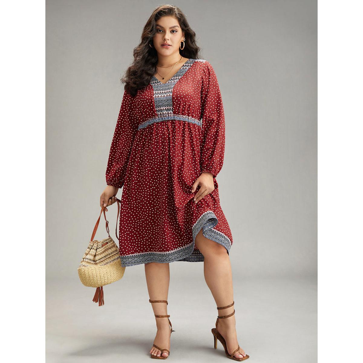 Plus Size Boho Print Lantern Sleeve Elastic Waist Dress Raspberry Women Vacation Elastic cuffs V-neck Long Sleeve Curvy Midi Dress BloomChic 28/5X Product Image