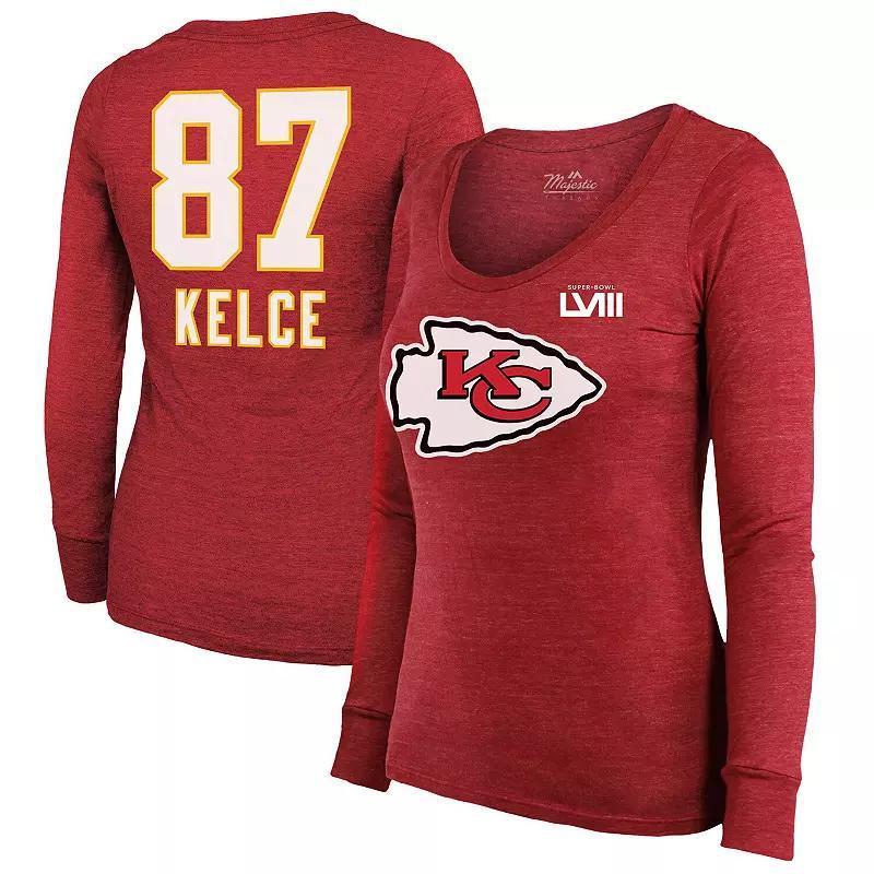 Women's Majestic Threads Patrick Mahomes Red Kansas City Chiefs Super Bowl LVIII Scoop Name & Number Tri-Blend Long Sleeve T-Shirt, Size: Small Product Image