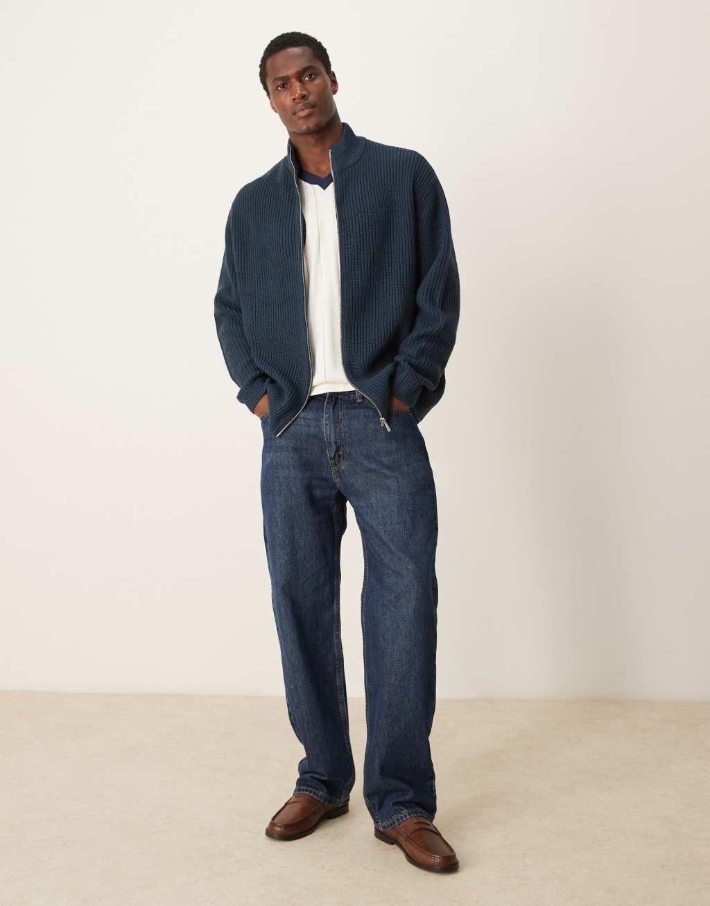 ASOS DESIGN knitted oversized fisherman rib zip through in navy Product Image