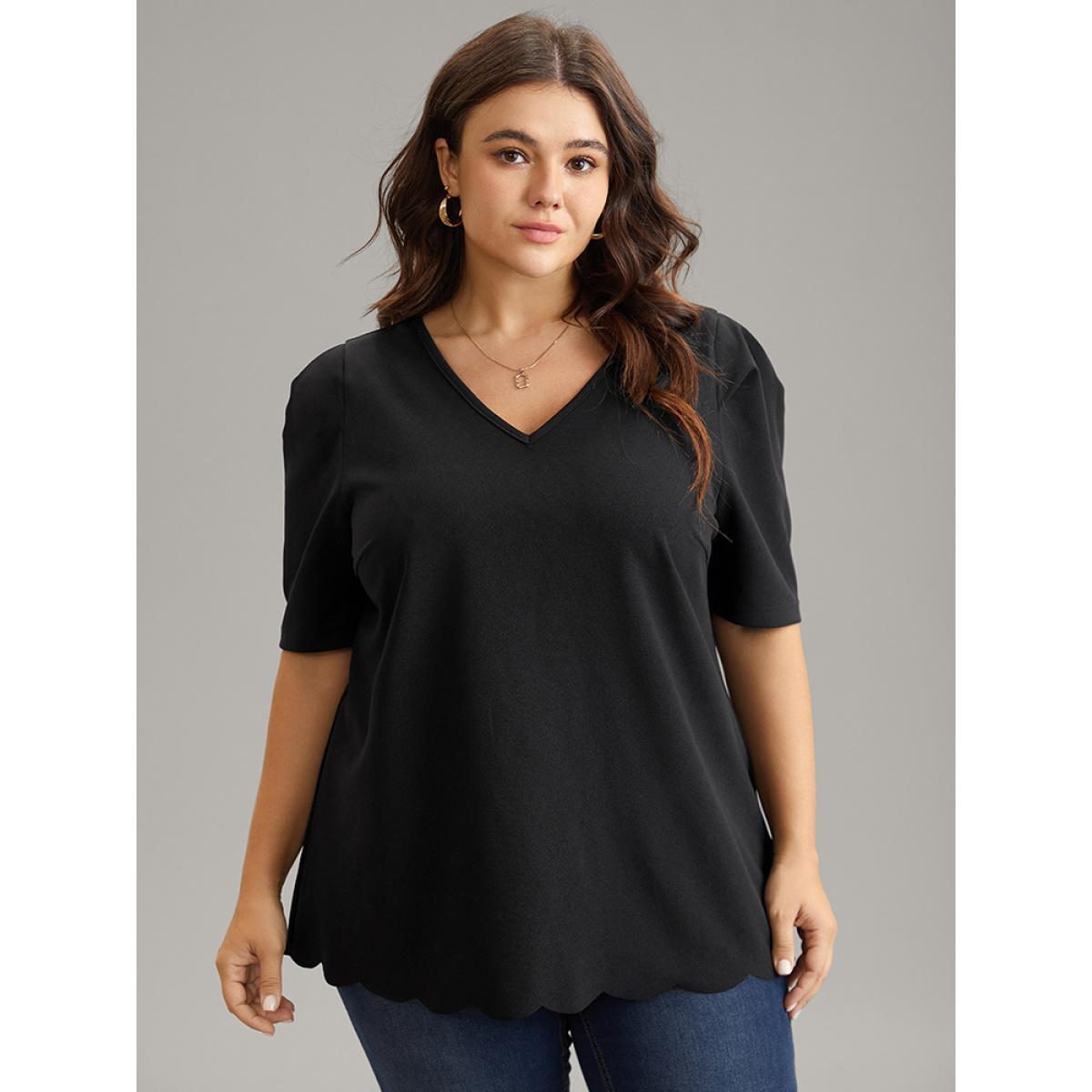 Plus Size Black Plain Puff Sleeve Scalloped Trim Blouse Women Work From Home Half Sleeve V-neck Work Blouses BloomChic 28/5X Product Image