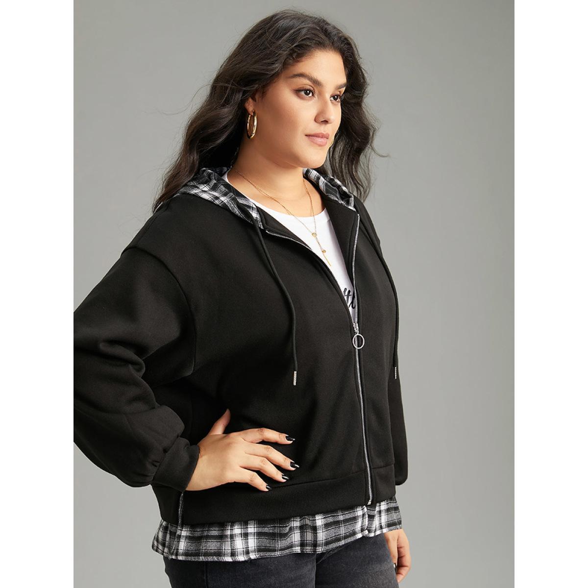 Plus Size Plaid Patchwork O Ring Zipper Hooded Drawstring Jacket Women Black Contrast Dailywear Jackets BloomChic 28/5X Product Image