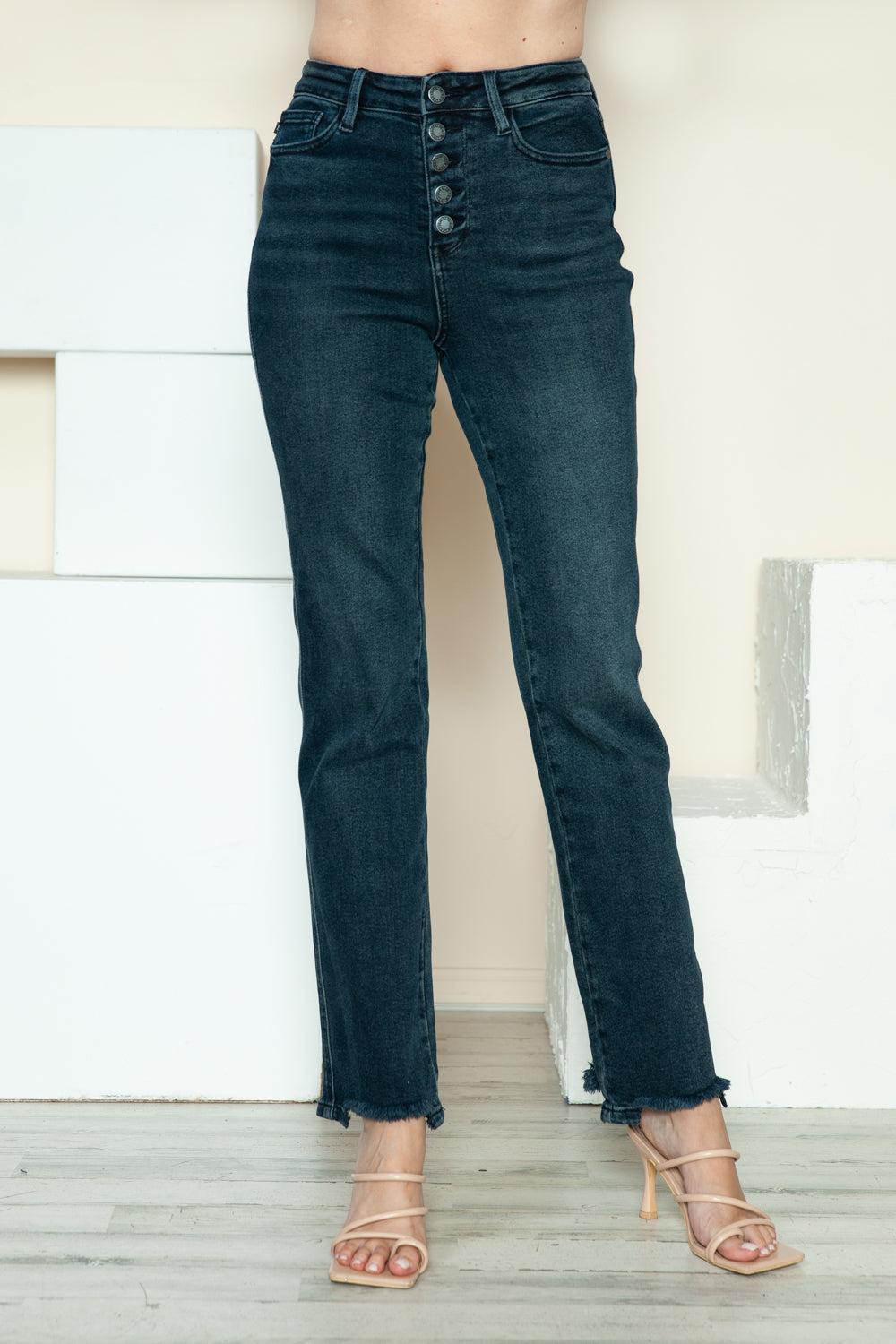 Judy Blue Button Fly Hem Destroy Straight Jeans Product Image