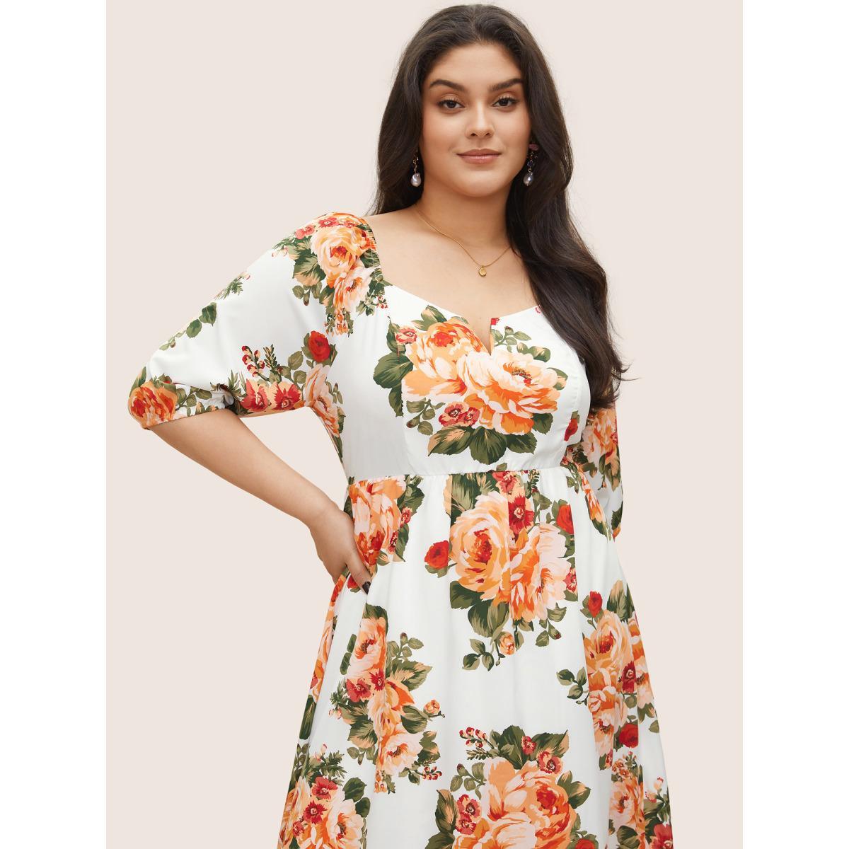 Plus Size Floral Print Notched Elastic Cuffs Dress White Women Elegant Non Notched collar Elbow-length sleeve Curvy Midi Dress BloomChic 26/4X Product Image