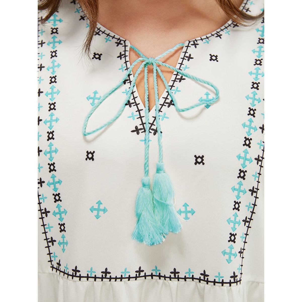 Plus Size Bandana Print Tassels Lantern Sleeve Pocket Midi Dress White Women Vacation Tassels Tie Neck Elbow-length sleeve Curvy Midi Dress BloomChic 28/5X Product Image