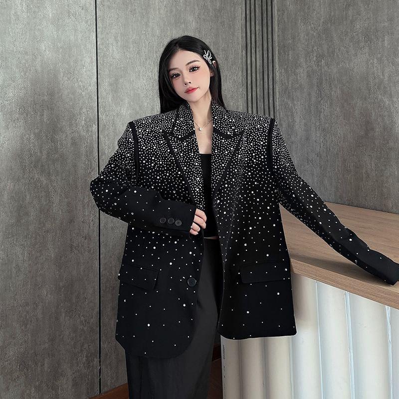 Peak Lapel Plain Rhinestone Single Breasted Blazer Product Image
