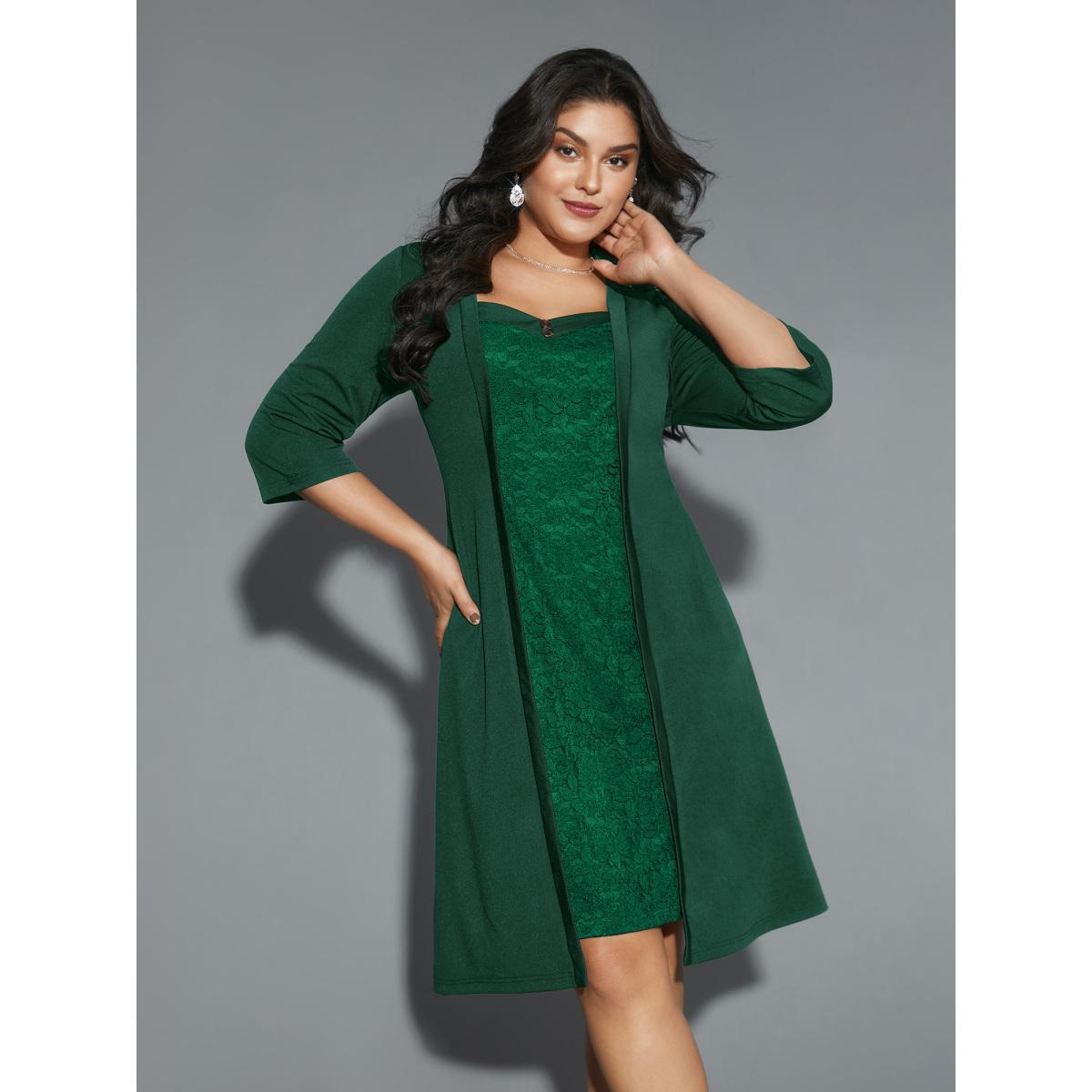Plus Size Lace Heart Neckline Pocket Midi Dress DarkGreen Women Cocktail Texture Party Curvy Bloomchic 14-16/1X Product Image