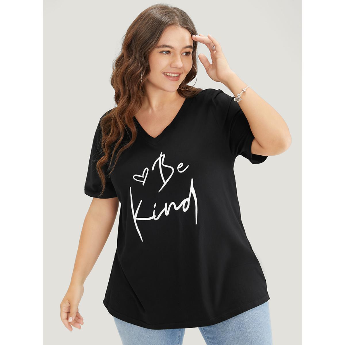 Plus Size Letter & Heart Print V Neck T-shirt Black Women Casual Letter Dailywear T-shirts BloomChic 18-20/2X Product Image