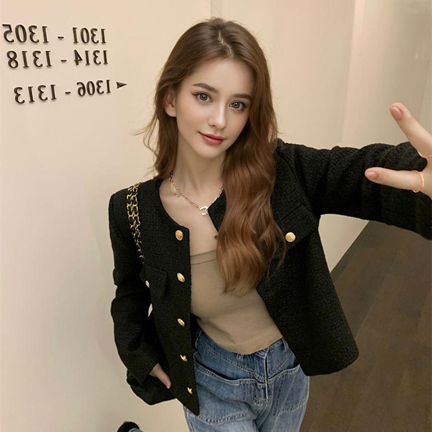 Round Neck Plain Button Up Cropped Tweed Jacket Product Image