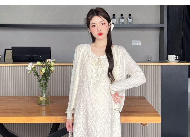 Maternity Sleeveless Scoop Neck Lace Embroidered Midi A-Line Dress / Striped Cardigan Product Image