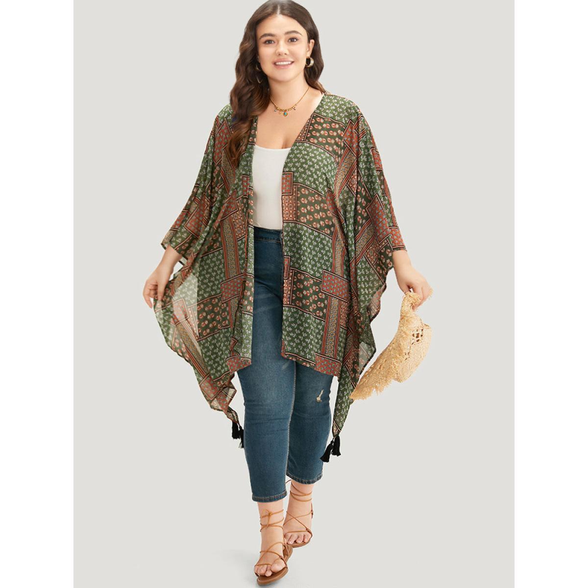 Plus Size Bandana Print Tassels Trim Asymmetrical Hem Kimono Women Moss Casual Drape Loose Dailywear Kimonos BloomChic 12/L Product Image