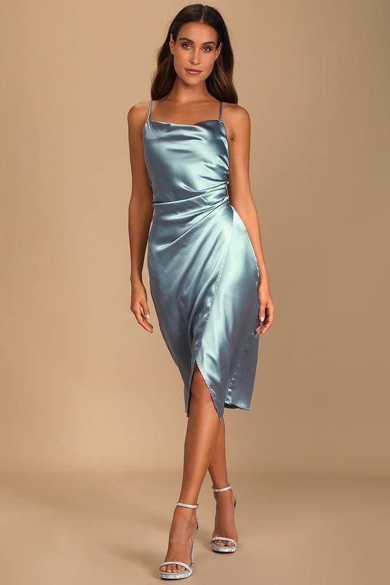 Hollywood Woman Dusty Blue Satin Midi Dress Product Image