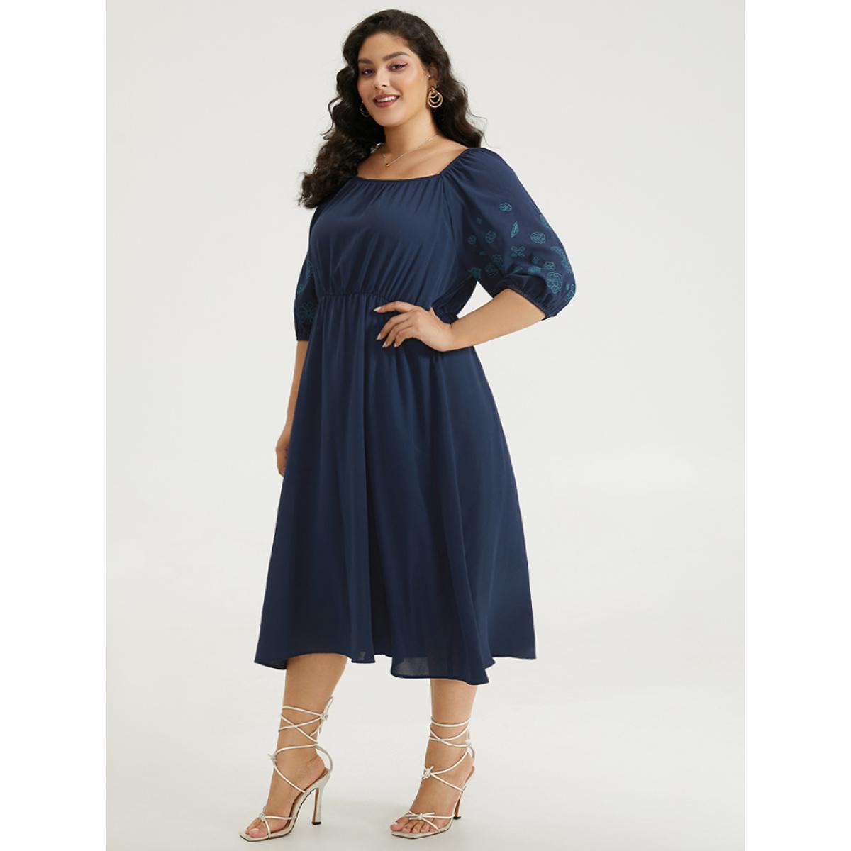 Plus Size Floral Embroidered Pocket Square Neck Lantern Sleeve Dress Indigo Women Elegant Elastic cuffs Square Neck Half Sleeve Curvy Midi Dress BloomChic 22-24/3X Product Image
