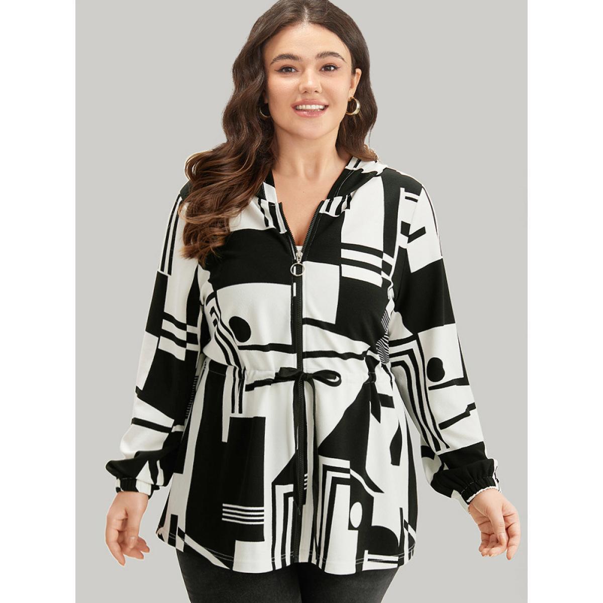 Plus Size Halloween Geometric Print Drawstring Zipper Hooded Knot Jacket Women Black Zipper Dailywear Jackets BloomChic 26/4X Product Image