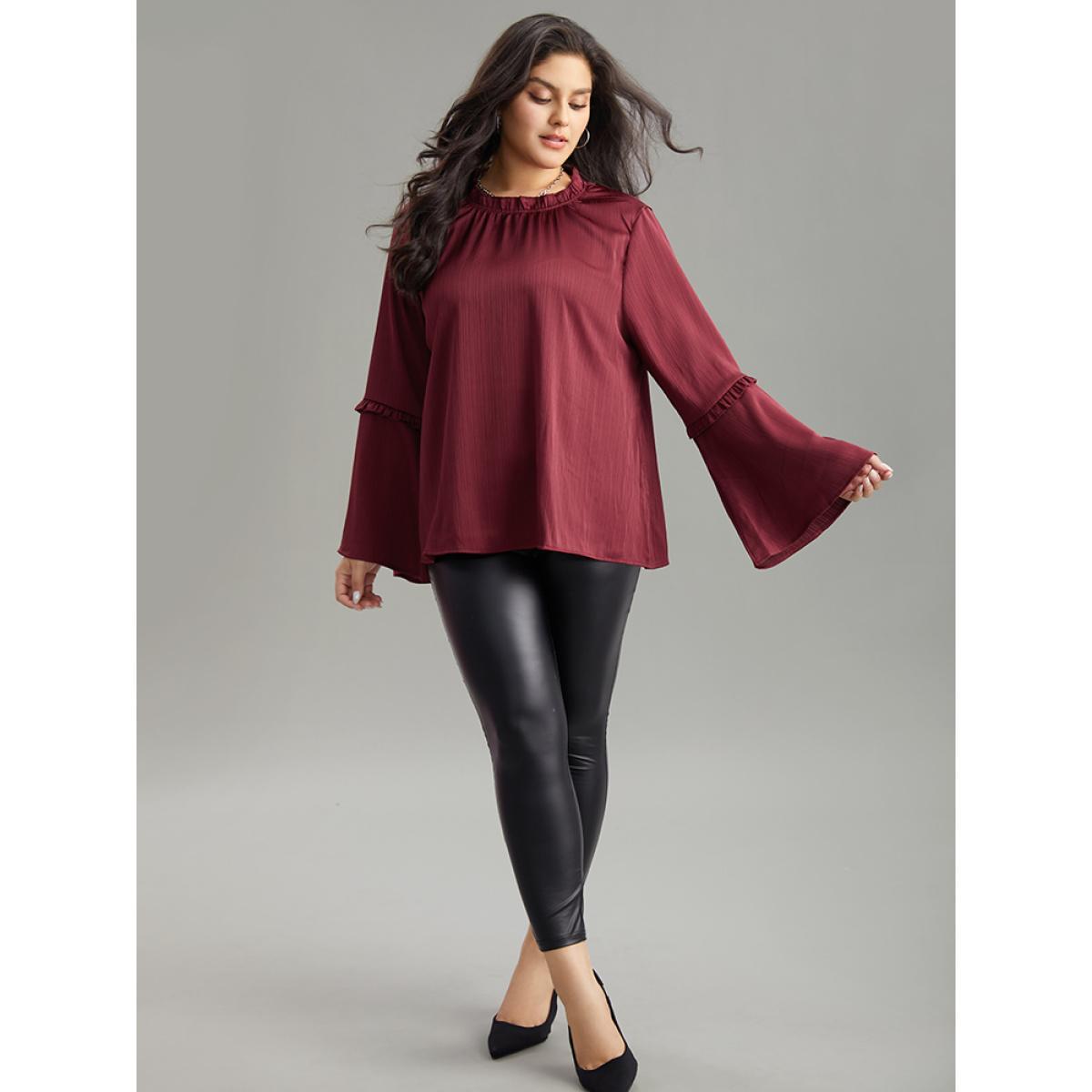 Plus Size Scarlet Plain Frill Trim Bell Sleeve Blouse Women Elegant Long Sleeve Round Neck Dailywear Blouses BloomChic 18-20/2X Product Image