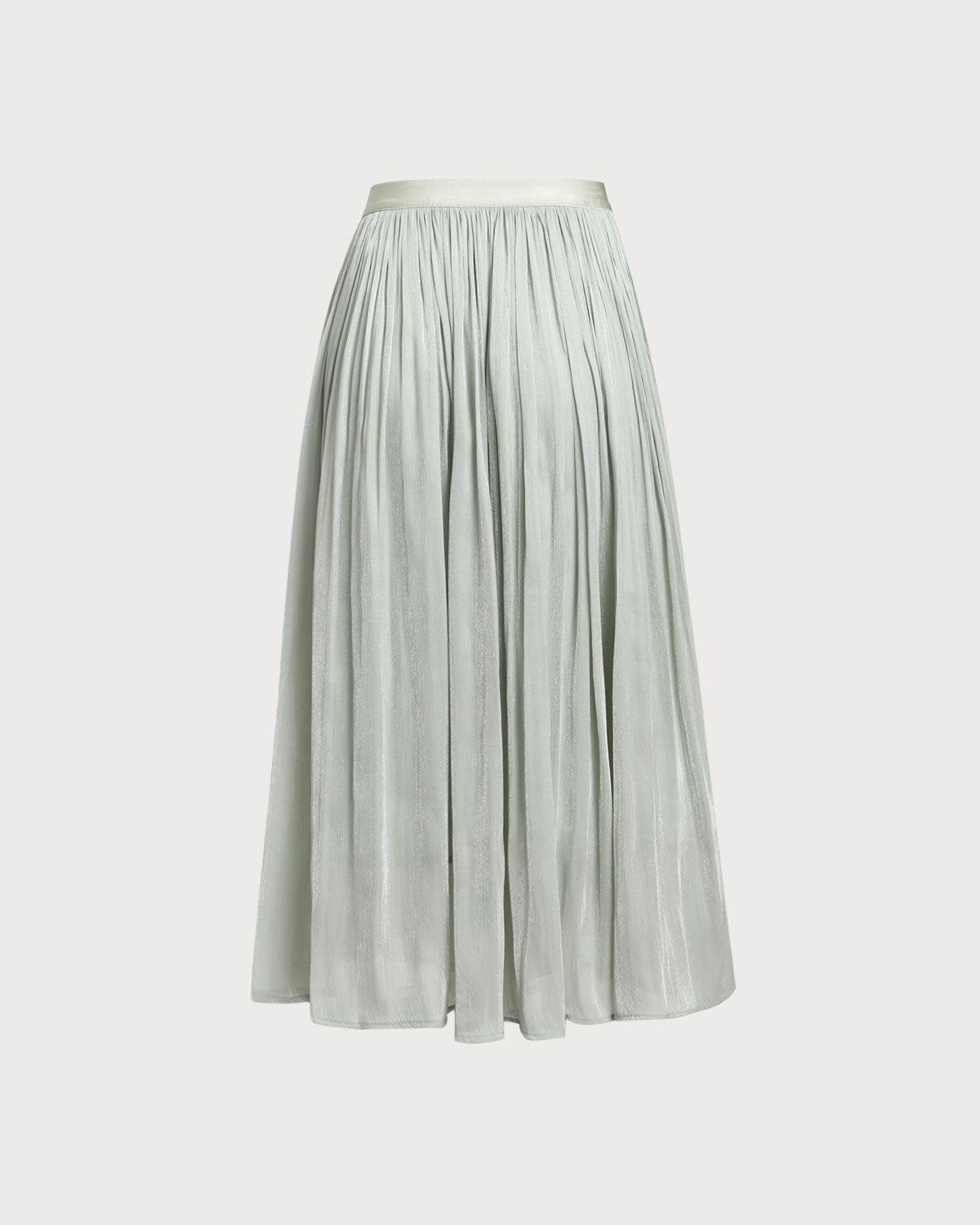 Green Ruched Flowy Pleated Midi Skirt Product Image