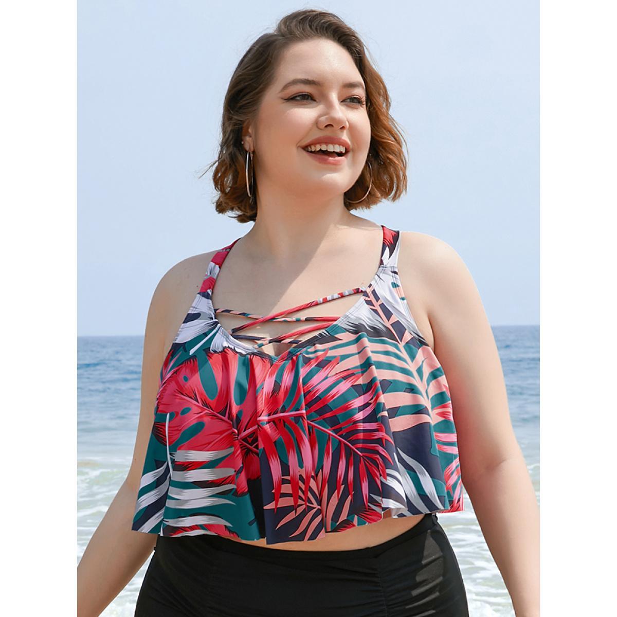 Plus Size Leaf Print Contrast Ruffle Crisscross Front Tankini Top Women's Swimwear Indigo Vacation Adjustable Straps High stretch Bodycon V-neck Curve Swim Tops BloomChic 10/M Product Image