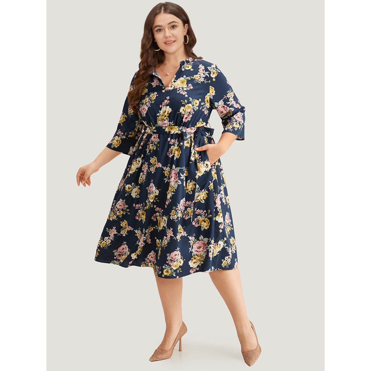 Plus Size Floral Print Frill Trim Belted Pocket Dress Navy Women Office Belted Notched collar Elbow-length sleeve Curvy Midi Dress BloomChic 12/L Product Image