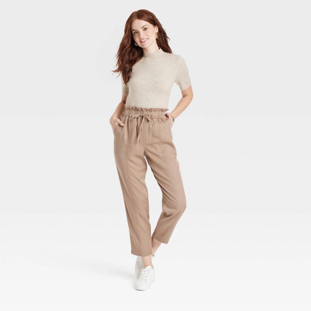 Womens High-Rise Tapered Ankle Pull-On Joggers - A New Day Brown L: Lightweight Twill, Elastic Waistband Product Image