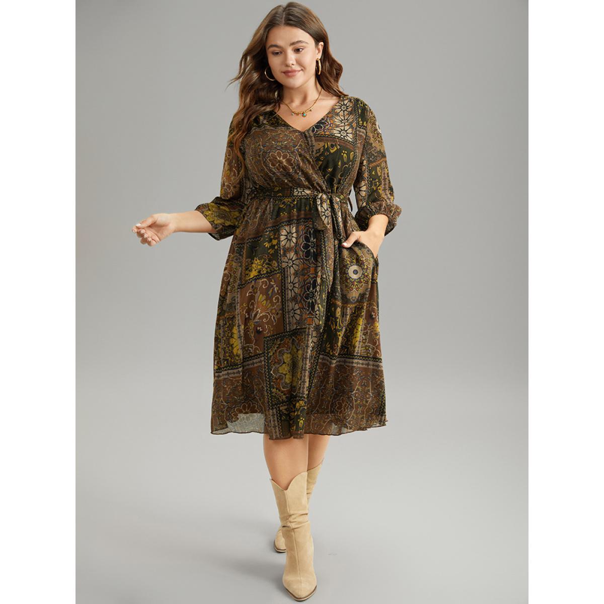 Plus Size Boho Print Wrap Elastic Waist Belted Dress LightBrown Women Vacation Elastic cuffs V-neck Elbow-length sleeve Curvy Midi Dress BloomChic 30/6X Product Image