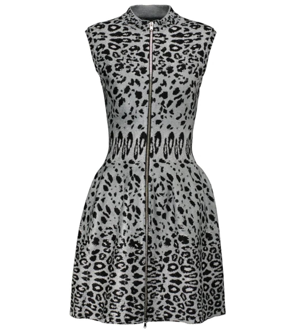 ALAÏA Leopard Jacquard Front Zip Sleeveless Fit & Flare Dress In Grey/ Noir Product Image