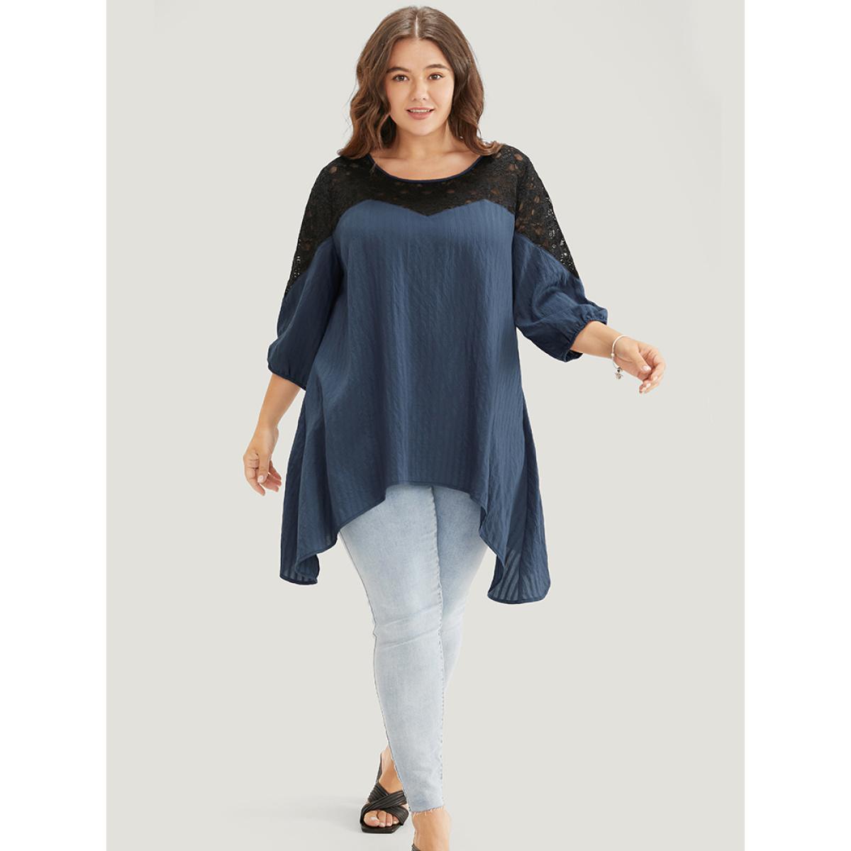 Plus Size Indigo Plain Contrast Lace Asymmetrical Lantern Sleeve Blouse Women Elegant Elbow-length sleeve V-neck Dailywear Blouses BloomChic 10/M Product Image