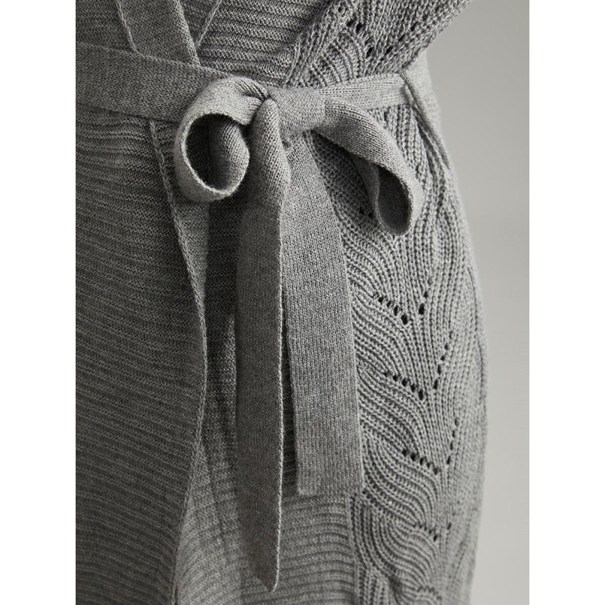Plus Size Plain Split Hem Ties Texture Cardigan Gray Women Casual Loose Long Sleeve Dailywear Cardigans BloomChic 30/6X Product Image