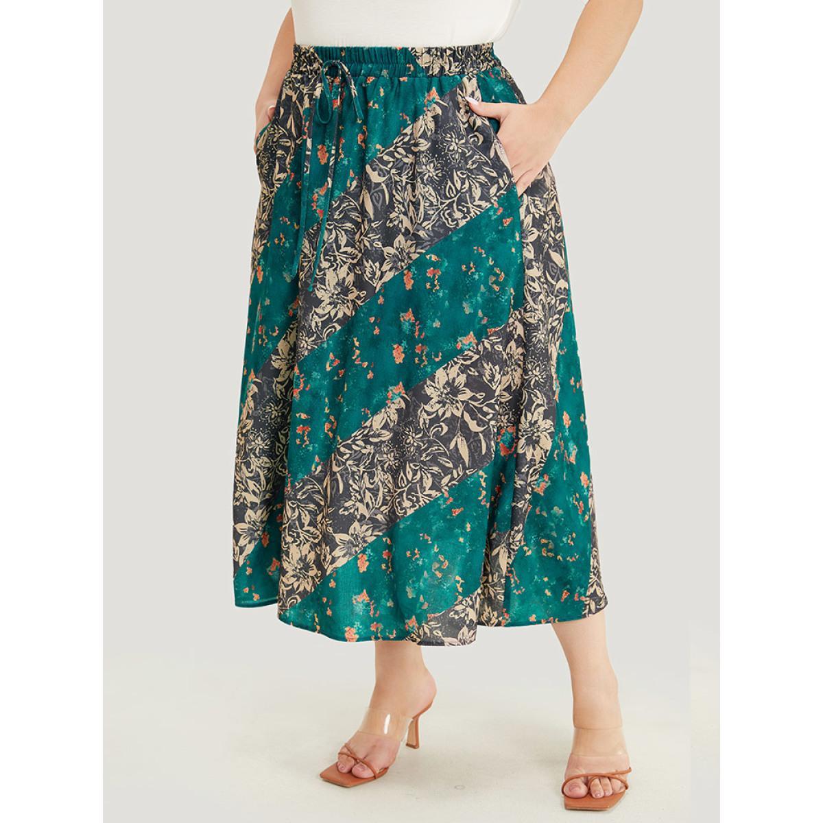 Plus Size Floral Contrast Pocket Knot Front Skirt Women Multicolor Elegant Contrast No stretch Pocket Dailywear Skirts BloomChic 22-24/3X Product Image