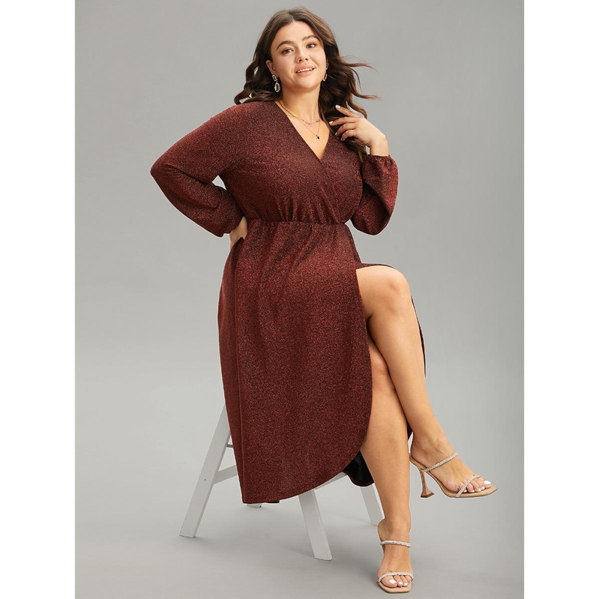 Plus Size Luxe Overlap Collar Gathered Split Hem Dress Scarlet Women Glamour Elastic cuffs Overlap Collar Long Sleeve Curvy Midi Dress BloomChic 14-16/1X Product Image