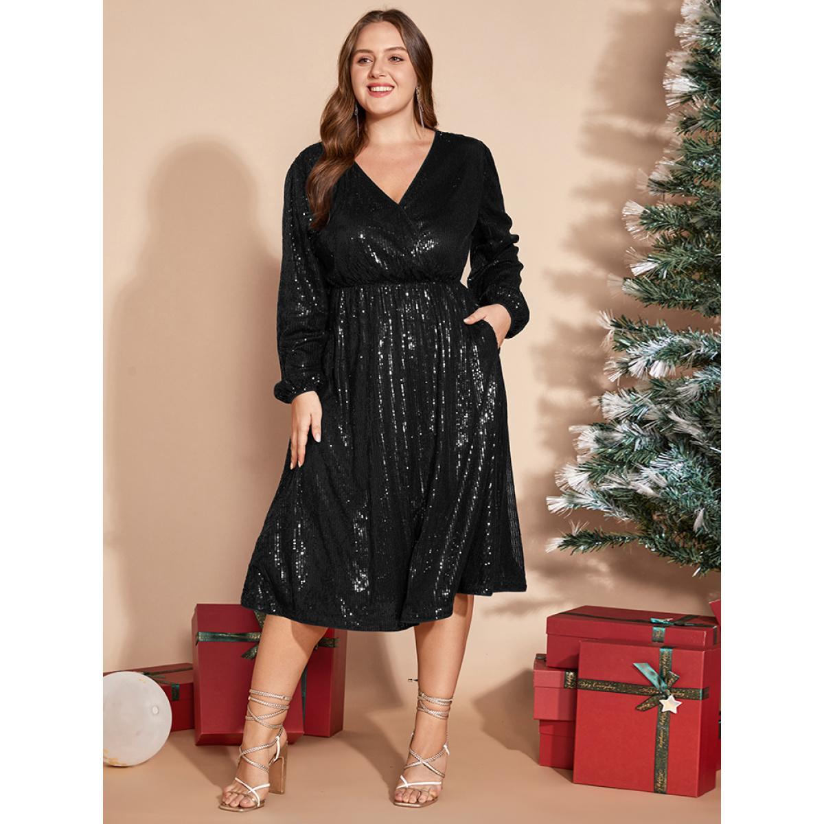 Plus Size Solid Pocket Lantern Sleeve Wrap Sequin Dress Black Women Party Pocket Overlap Collar Long Sleeve Curvy Midi Dress BloomChic 10/M Product Image