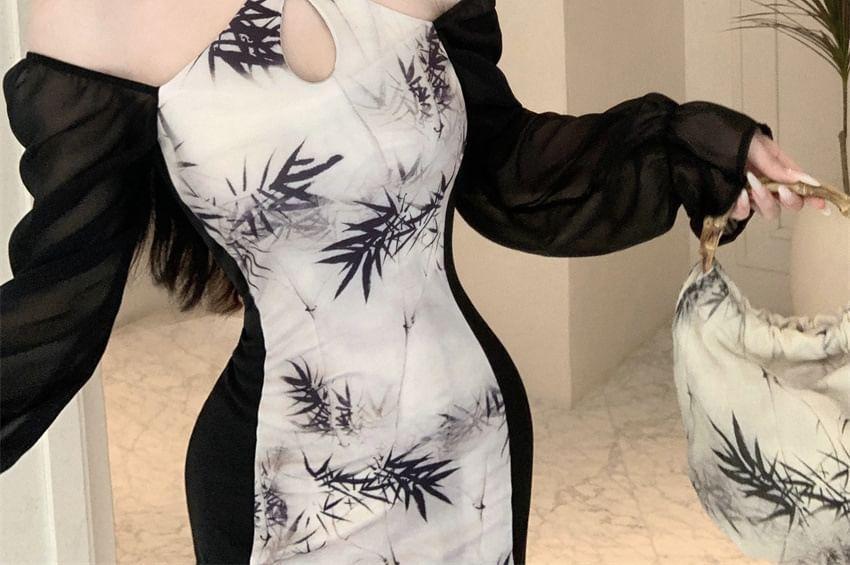 Long-Sleeve Halter-Neck Bamboo Print Frog Buttoned Midi Mermaid Dress Product Image