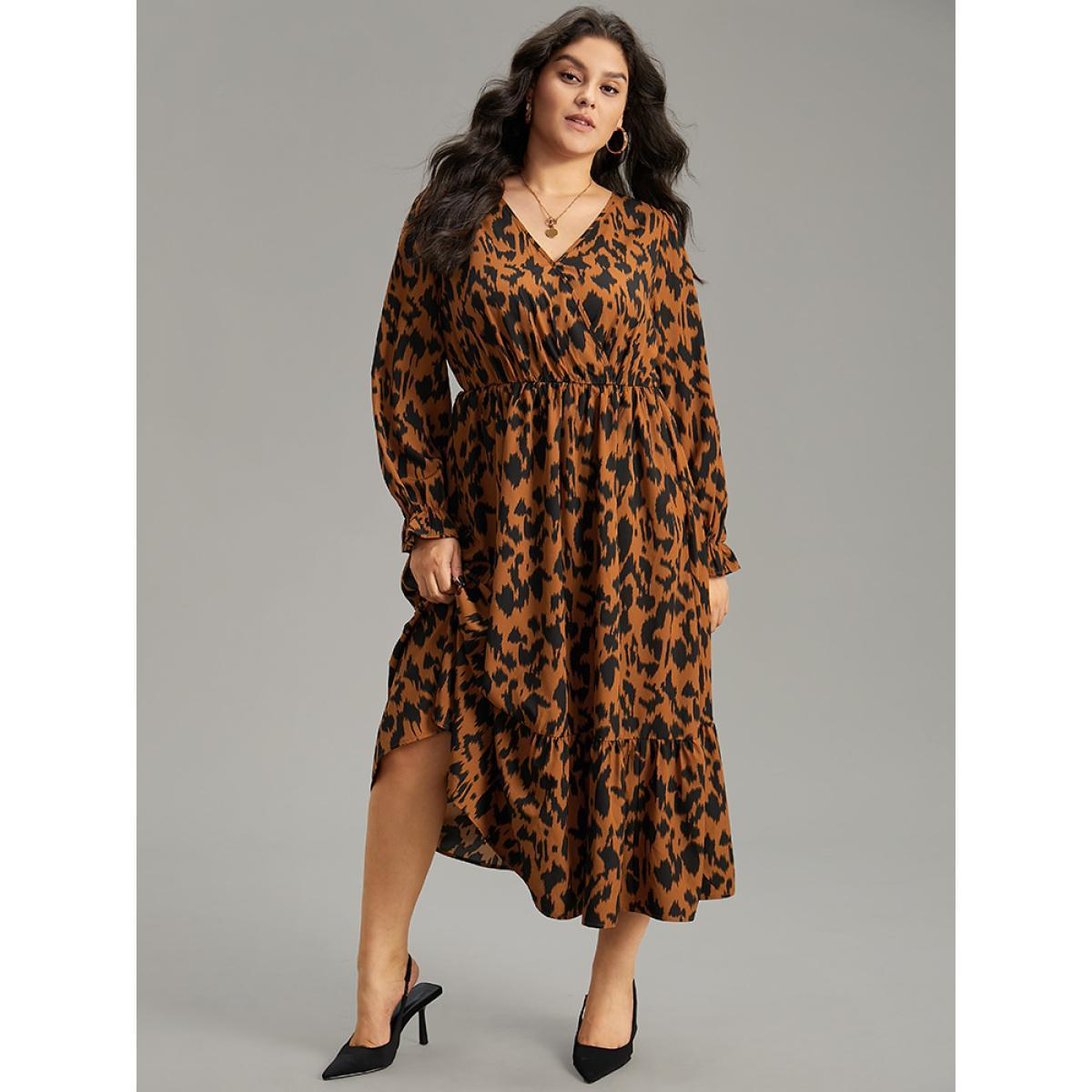 Plus Size Overlap Collar Leopard Gathered Ruffles Dress Chocolate Women Office Wrap Overlap Collar Long Sleeve Curvy Midi Dress BloomChic 28/5X Product Image